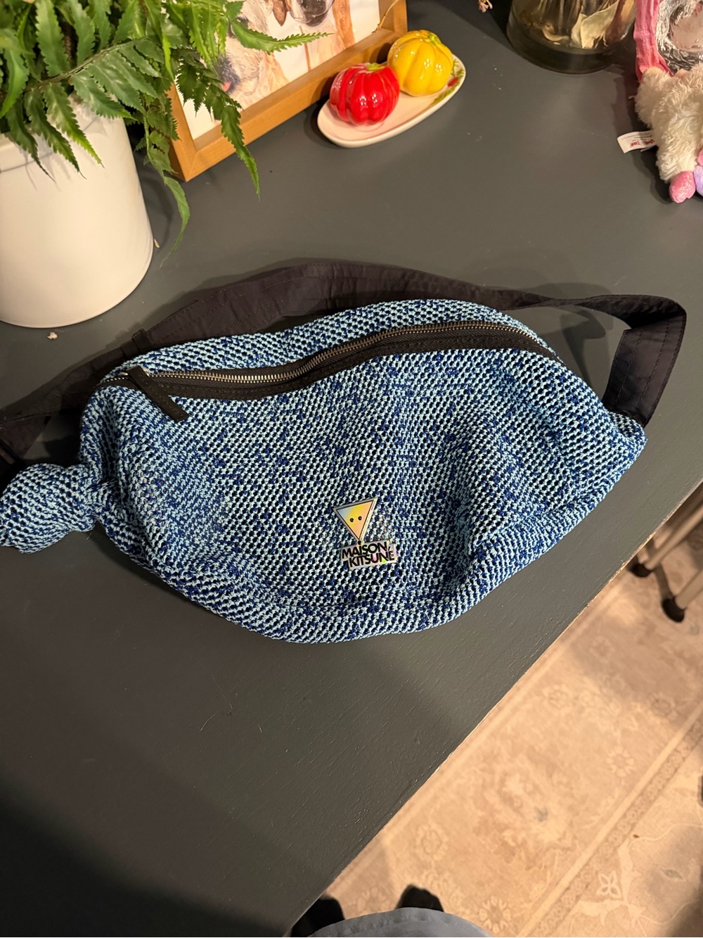 MAISON KITSUNE Blue Woven Crossbody Belt Bag with Black Strap